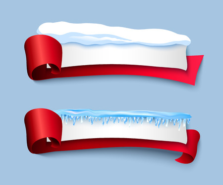 vector cartoon realistic white winter empty banner templates wit snow caps icicles red ribbons set. Illustration on grey background with space for your text. Christmas new year holidays design elementのイラスト素材