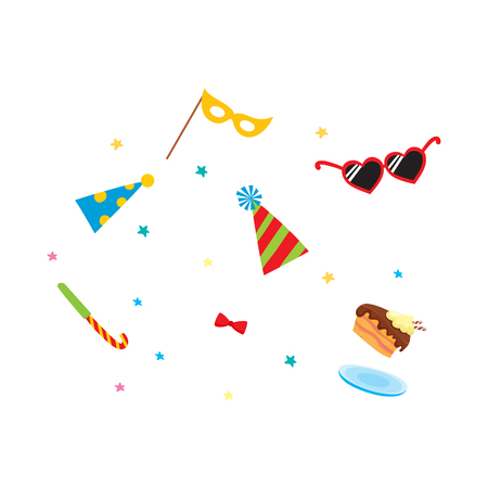 vector flat cartoon party symbols set. heart-shaped glasses, party hats, mask, bowtie piece of cake and confetti. Isolated illustration on a white background.のイラスト素材