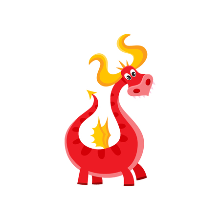 vector flat cartoon funny red adult, mature dragon with horns and wings. Isolated illustration on a white background. Fairy mysterious cute creature character for your designのイラスト素材