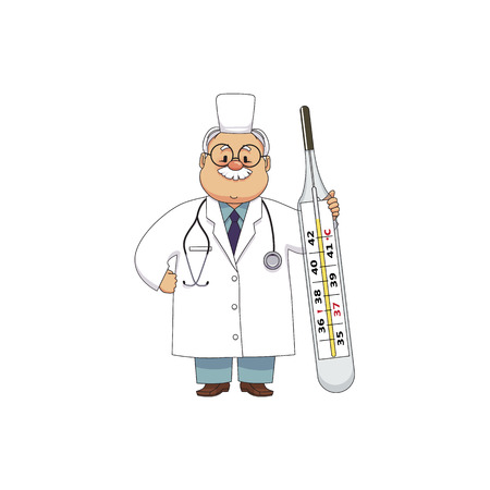 vector flat cartoon adult male doctor, physician or nurse in white medical clothing with beard, keeping huge big thermometer smiling. Isolated illustration on a white background.のイラスト素材