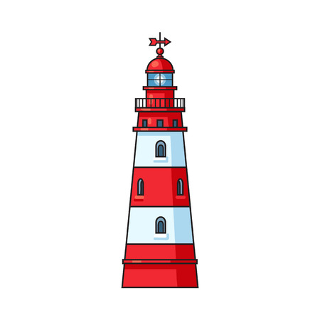 Classic navigational lighthouse, nautical structure, cartoon vector illustration isolated on white background. Cartoon illustration of marine lighthouse, red and whiteのイラスト素材