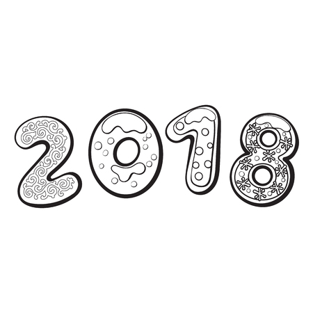 2018 Merry Christmas, New Year greeting card design with gingerbread cookies on black background and space for text. black and white greeting banner with number 2018のイラスト素材