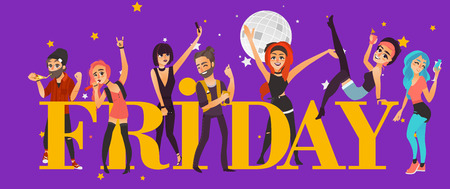Rock party banner, poster with friends having fun in club, flat cartoon vector illustration isolated on purple background. Young people, boys and girls, having fan and party word in big lettersのイラスト素材