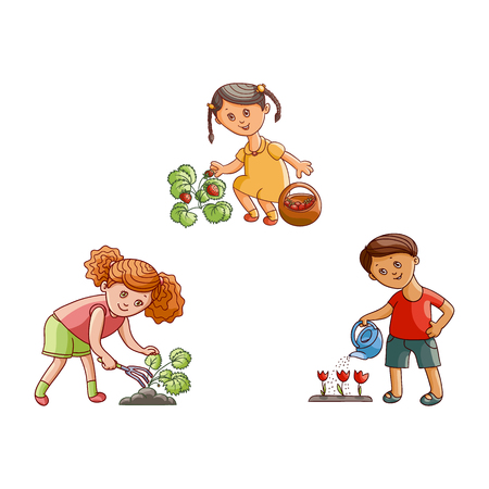 vector flat children at garden scene set. Girl holding basket collecting strawberries, another one loosening soil, boy watering tulip flowers by can. Isolated illustration on a white background.のイラスト素材