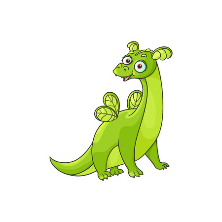 vector flat cartoon funny green dragon with horns and wings. Isolated illustration on a white background. Fairy mysterious cute creature character for your designのイラスト素材