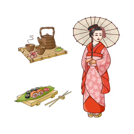 vector flat asian japan, china oriental symbols concept set. Geisha with folding fan, sushi with ginger, wasabi and kettle with caps for tea ceremony. Isolated illustration on a white background.のイラスト素材