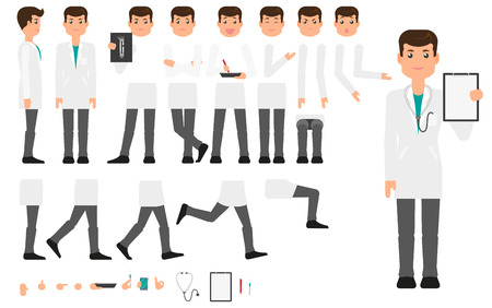 Doctor character creation set with different poses, gestures, faces and tools, flat vector illustration on white background. Doctor, man in white coat creation set, constructor, changeable partsのイラスト素材