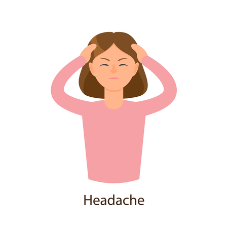 Vector young sick girl suffering from headache, keeping her forehead. Flat isolated illustration on a white background. Illness and disease symptoms conceptのイラスト素材