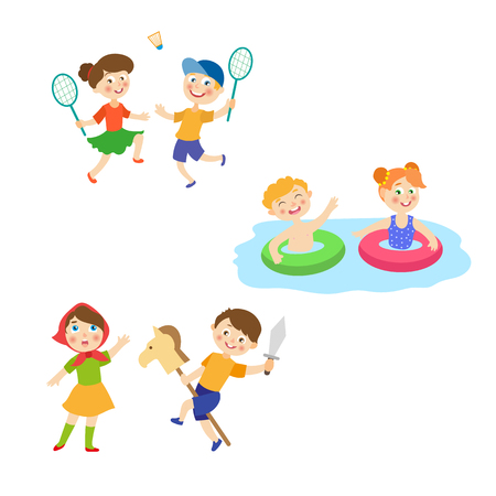 vector cartoon summer camp kids activity set. Girls and boys playing badminton, having fun in swimming pool with inflatable rings, playing roles at stage. Isolated illustration on a white background.のイラスト素材