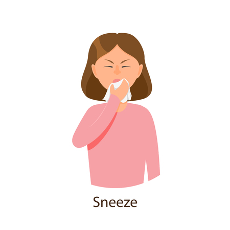 Vector young sick girl suffering from rhinitis, sneezing holding napkins, facial tissues. Flat isolated illustration on a white background. Illness and disease symptoms conceptのイラスト素材