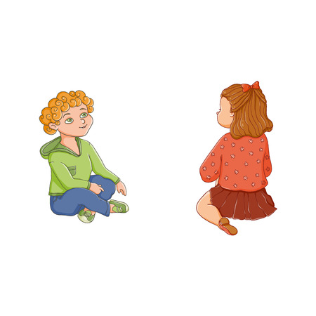 vector flat children - boy and girl sitting at preschool class listening attentively to a teacher, back and front side view. Isolated illustration on a white background. Kindergarten conceptのイラスト素材