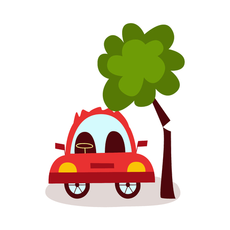 vector flat cartoon car accident. Red colored vehicle stands near falling to it tree. Isolated illustration on a white background. Road safety conceptのイラスト素材