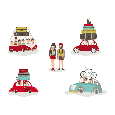 vector flat cartoon road travelling objects set, young man, woman hitch-hiking tourists smiling wearing backpack, vehicles with bags, minivan. Isolated illustration on a white background.のイラスト素材