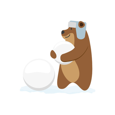 vector flat cartoon brown bear character making ice balls smiling wearing earflap hat. Winter animal outdoor games, activities concept. Isolated illustrationo on a white backgroundのイラスト素材