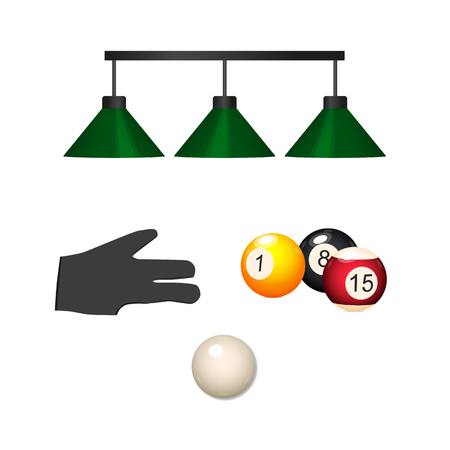 vector flat cartoon billiard snooker, pool equipment objects set. cue white ball, pendant lamps, hand in glove, colored balls with numbers. Isolated illustration on a white background.のイラスト素材