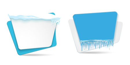 vector cartoon realistic white, blue winter empty banner templates wit snow caps, icicles set. Illustration on grey background with space for your text. Christmas, new year holidays design elementのイラスト素材