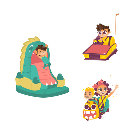 vector flat children in amusement park set. Boy, girl riding at roller coaster, boy in dragon jaws inflatable bouncy playground castle, boy in bamper car. Isolated illustration on a white background.のイラスト素材