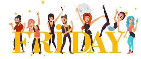 Rock party banner, poster with friends having fun in club, flat cartoon vector illustration isolated on white background. Young people, boys and girls, having fan and party word in big lettersのイラスト素材