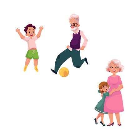 vector flat grandparents and children set. Grandfather and grandson playing football, grandmother hugging with small girl . Isolated illustration on a white background.のイラスト素材
