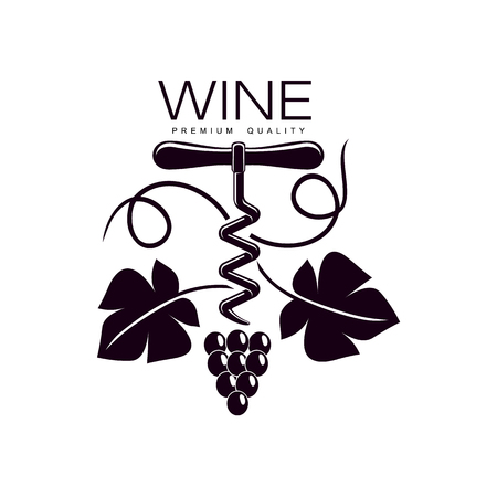wine corkscrew decorated with grapevine with leaves, ripe grapes and twig. Elegant Company logo, brand icon design. Isolated illustration on a white background.のイラスト素材