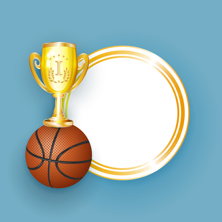 vector flat basketball ball, golden cup winner trophy sport equipment object banner, poster with gold circle frame with free space for your text. Isolated illustration on a white backgroundのイラスト素材