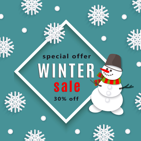 vector winter sale poster template. Smiling Snow man in scarf and bucket, snowflakes - winter symbols Decorated flyer. Illustration on blue background. Banner advertising designのイラスト素材