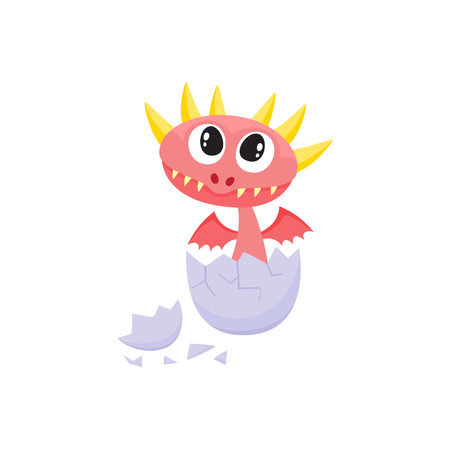 vector flat cartoon funny red dragon kid, baby with horns and wings hatching from egg. Isolated illustration on a white background. Fairy mysterious cute creature character for your designのイラスト素材
