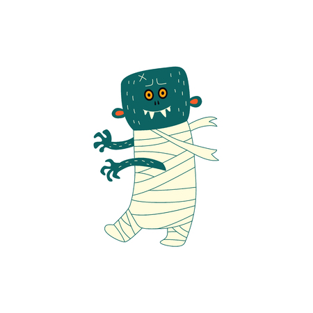 vector flat cartoon halloween traditional autumn holiday symbol spooky stylized funny mummified walking zombie. Isolated illustration on a white background.のイラスト素材