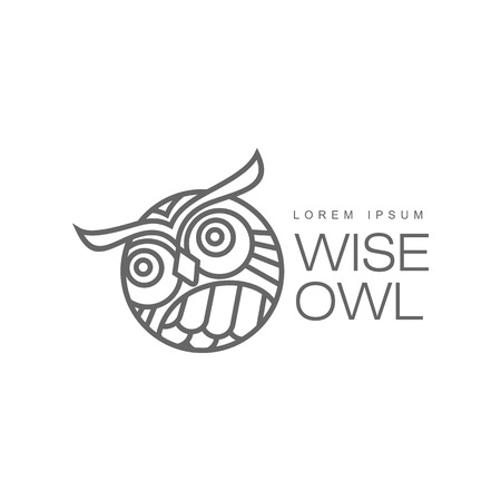 wise hand drawn wise owl head closeup ,brand logo stylized design silhouette pictogram. Line icon bird isolated illustration on a white background.のイラスト素材