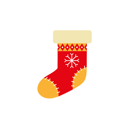 Flat style knitted Christmas stocking, sock, boot, Xmas icon, decoration element, vector illustration on white background. Cute Christmas stocking, flat style icon, decoration elementのイラスト素材