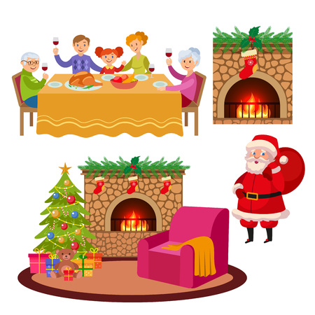 vector christmas holiday scenes set. Santa standing with present bag, fireplace with stocking, room with spruce tree, chair and presents, family sitting at table. Isolated illustration.のイラスト素材