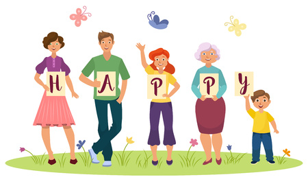 Family concept - parents and children holding boards, posters with HAPPY word letters, flat cartoon vector illustration isolated on white background. Family members holding letters of HAPPY wordのイラスト素材