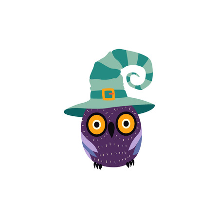 vector flat cartoon halloween traditional autumn holiday symbol spooky stylized funny magic owl in witch wizard hat. Isolated illustration on a white background.のイラスト素材