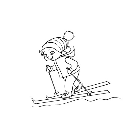 Happy little boy skiing, winter sport activity, black and white flat cartoon vector illustration isolated on white background. Drawing of little boy skiing, black and white picture, coloring bookのイラスト素材
