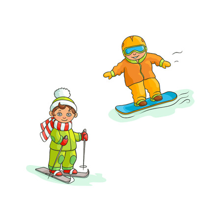 Two boys having fun in winter - skiing and snowboarding, flat cartoon vector illustration isolated on white background. Drawing of two boys, skiing and snowboarding, winter sport activitiesのイラスト素材
