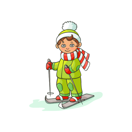 vector flat cartoon teen boy kid having fun skiing in winter outdoor clothing and funny hat and scarf. Isolated illustration on a white background.のイラスト素材