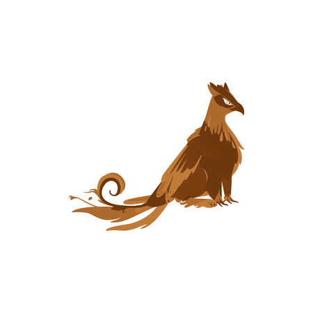 vector flat cartoon griffin mythical animal - fairy falcon, eagle bird like brown creature with rich plumage and animal paws. Isolated illustration on a white background.のイラスト素材