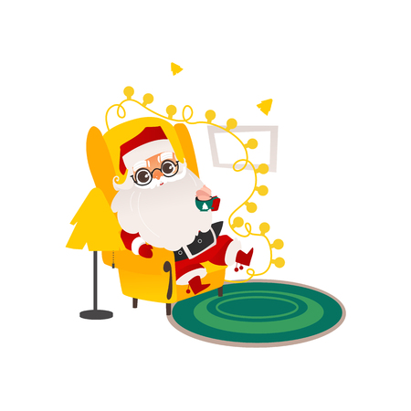 vector flat cartoon santa claus in christmas stockings and hat, glasses sitting at luxury armchair drinking coffee smiling. Holiday illustration isolated on a white background.のイラスト素材