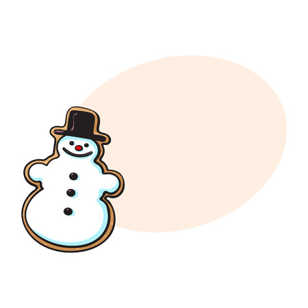 Glazed snowman-shaped homemade Christmas gingerbread cookie, sketch style vector illustration isolated on white background with speech bubbleのイラスト素材