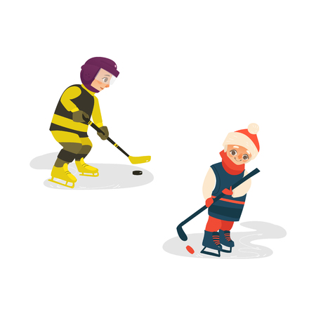 vector cartoon stylized teen boys kid playing ice hockey standing in protective striped yellow clothing, helmet ice skating with hockey stick. Isolated illustration on a white background.のイラスト素材