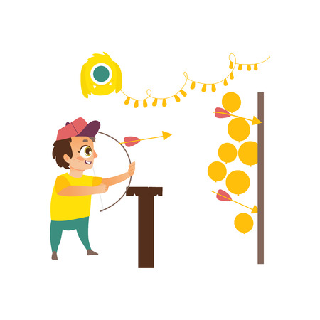 vector flat children in amusement park concept. Boy with bow and arrows having fun in shooting gallery tent from funfair carnival image. Isolated illustration on a white background.のイラスト素材