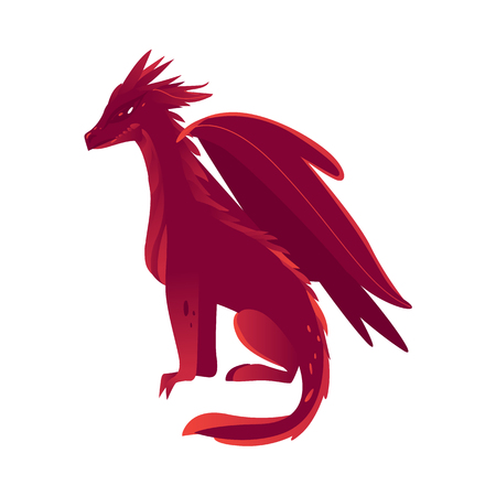 vector flat cartoon colored red fire majestic mythical dragon with horns and wings. Legendary mystery animal creature. Isolated illustration on a white background.のイラスト素材