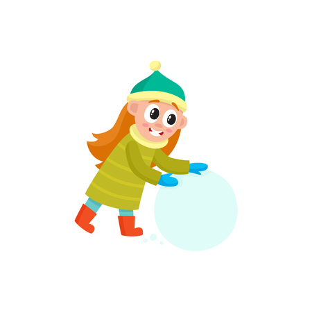 vector girl having fun with snow outdoors. Flat cartoon isolated illustration on a white background. Kid makes big snowball smiling. Winter children activity conceptのイラスト素材