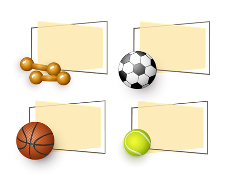 vector flat sport equipment banners set. basketball, football or soccer, tennis ball and dumbbells objects with paper banner in frame with free space for your text. illustration on orange backgroundのイラスト素材