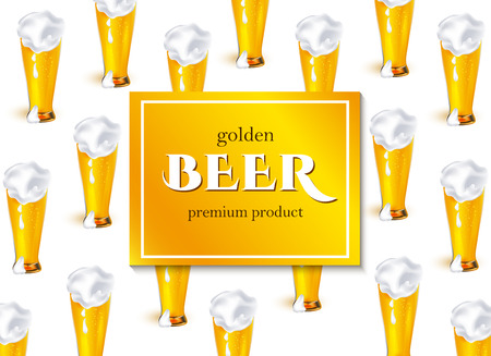 vector poster, banner or placard with full glass of golden lager beer with thick white foam pattern template. Ready for your design mockup. Isolated illustration on a white background.のイラスト素材