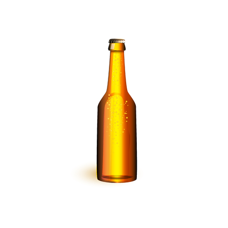 vector realistic beer glass bottle with water drops golden brown mockup closeup without lebel. Ready for your design product packaging. Isolated illustration on a white background.のイラスト素材