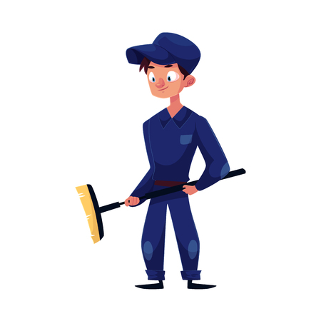 vector flat cartoon funny young man, boy mechanic in blue uniform holding big broom in hands smiling. Male full lenght portrait caucasian character isolated, illustration on a white background.のイラスト素材