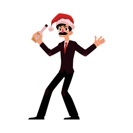 Man with moustache in business suit and Santa Claus hat having fun at corporate Christmas party, cartoon vector illustration isolated on white background. Businessman celebrating Christmas, drinkingのイラスト素材