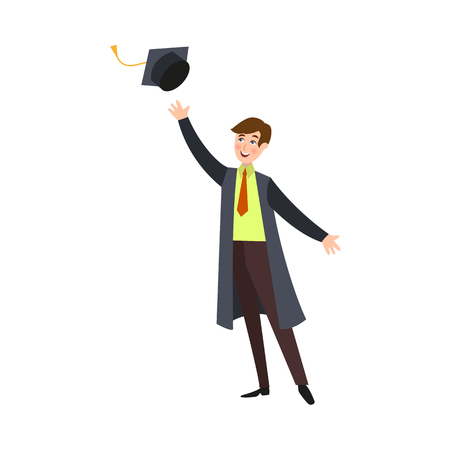 Boy in graduation gown throwing cap up vector illustration.のイラスト素材