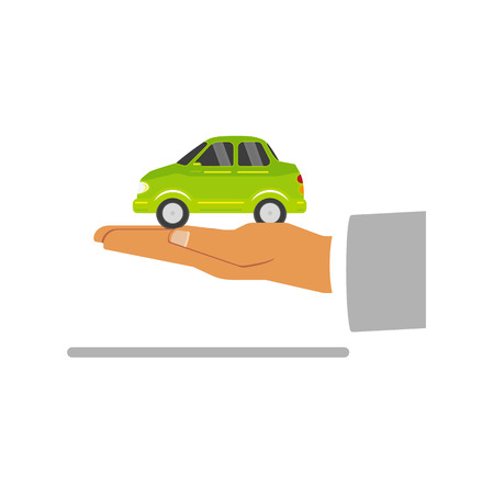 Hand palm keeping green ecological electric car vehicle vector illustration.のイラスト素材